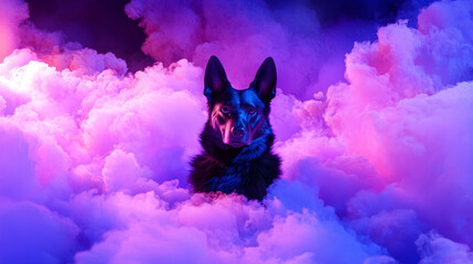 Futuristic Neon-lit German Shepherd Dog Silhouette in Colorful Cloud Mist, Surreal Fantasy Scene with Dramatic Lighting and Mystical Atmosphere