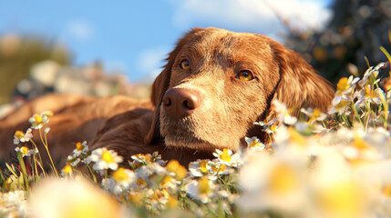Adorable Labrador Dog Lying in a Field of Daisies Under a Bright Blue Sky, Relaxed and Happy Puppy Enjoying the Peaceful Summer Outdoors
