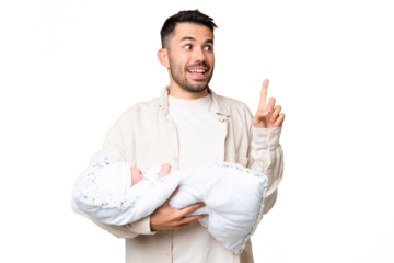 Young caucasian father with her newborn baby over isolated background intending to realizes the solution while lifting a finger up