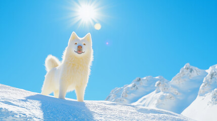 Majestic Samoyed Dog Standing in Snowy Mountain Landscape Under Bright Sunshine, Captivating Winter Scene with Clear Blue Sky and Peaceful Vibes