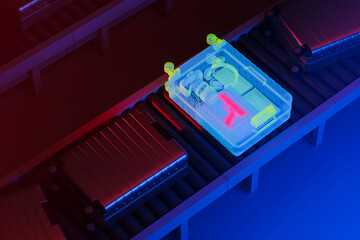 3D rendering of airport security luggage scanner showing suitcase with visible gun and handcuffs in...