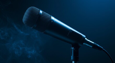 Obraz premium Close-up studio microphone in a dark setting with smoke