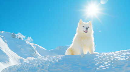 Majestic Samoyed Dog Standing in Snowy Mountain Landscape Under Bright Sunshine, Captivating Winter Scene with Clear Blue Sky and Peaceful Vibes