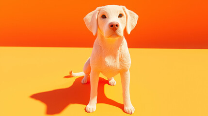 Stylized 3D White Puppy in a Minimalistic Orange Studio Setting, Playful Expression with Clean Geometric Lines and Bold Shadow