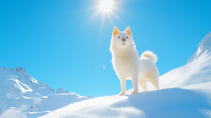 Majestic Samoyed Dog Standing in Snowy Mountain Landscape Under Bright Sunshine, Captivating Winter Scene with Clear Blue Sky and Peaceful Vibes