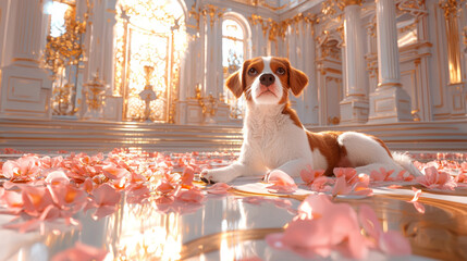 Royal Dog Lying in a Flower-Laden Palace, Surrounded by Pink Rose Petals and Luxurious Baroque Architecture, Exuding Elegance and Serenity