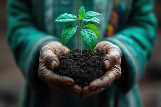 A photograph of an elderly Indian man's hands holding soil with a small plant sprouting from it, symbolizing growth and new beginnings in sustainable living for World Wildlife Day - Powered by Adobe
