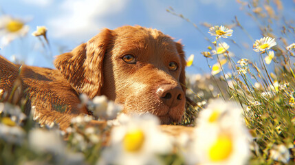 Adorable Labrador Dog Lying in a Field of Daisies Under a Bright Blue Sky, Relaxed and Happy Puppy Enjoying the Peaceful Summer Outdoors