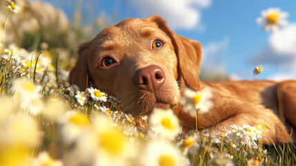 Adorable Labrador Dog Lying in a Field of Daisies Under a Bright Blue Sky, Relaxed and Happy Puppy Enjoying the Peaceful Summer Outdoors