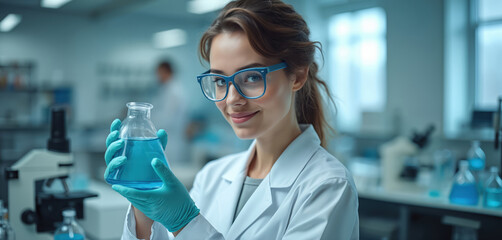 Female scientist in laboratory analyzes blue liquid in beaker for pharmaceutical research. Medicinal chemist with glasses, wearing lab coat, gloves, observes chemical reaction for innovation, cure