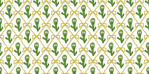 Summer. Coquette seamless Trellis. Vector illustration of silly cactus and Coquette Bow and Ribbon seamless pattern. Perfect interior room wallpaper textile fabric print. Mexican wrapping paper. 