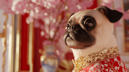 Elegant Pug Wearing Traditional Red Aisian Outfit Amidst Blossom Flowers, Celebrating Cultural Festival with Royal Expression and Grace