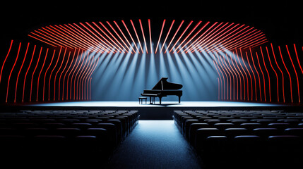 Futuristic Piano Performance Stage with Dramatic Lighting, Elegant Black and Red Design, Spotlight on Piano in Cinematic Artistic Venue, Modern Minimalist Concert Hall