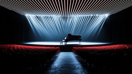 Futuristic Piano Performance Stage with Dramatic Lighting, Elegant Black and Red Design, Spotlight on Piano in Cinematic Artistic Venue, Modern Minimalist Concert Hall