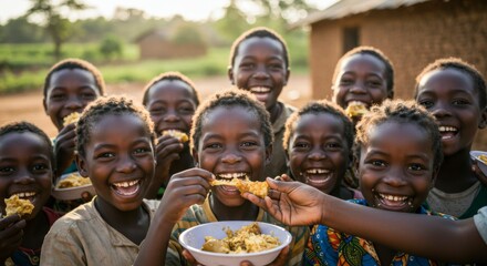 Obraz premium A group of smiling children, joyfully eating food together, captured with warm sunlight