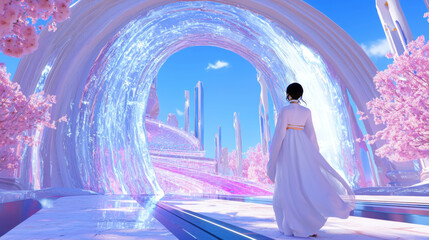 Futuristic Fantasy Landscape with Arched Pathway and Blooming Flowers, Dreamy Journey Through a Surreal Pink and Blue World Under a Starry Sky