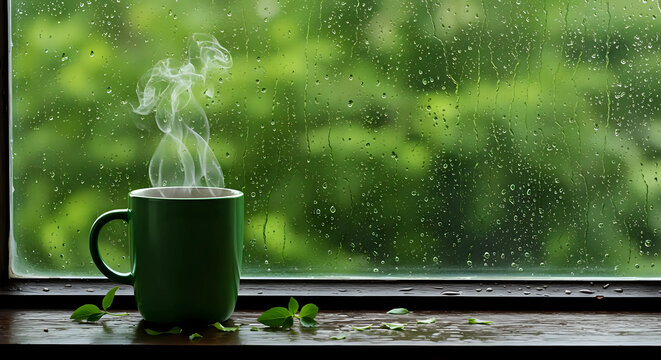 Steaming green mug of hot tea on rainy window sill with water droplets and blurred green foliage outside, copy space - International Tea Day concept - Powered by Adobe