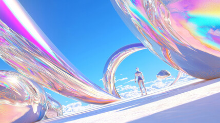 Futuristic Abstract 3D Cyborg Landscape with Glossy Iridescent Swirls and Shiny Reflections, Surreal Design Under Clear Blue Sky and Vibrant Illumination