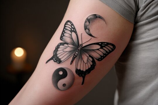 Close-up of a person's upper arm featu a detailed black and gray butterfly tattoo alongside moon and yin-yang symbols, indoor lighting background - Powered by Adobe