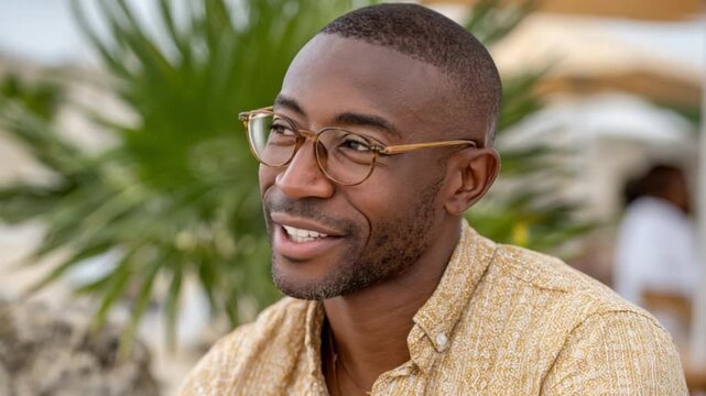 Smart and Studious: A contemplative individual, framed by a blur of greenery and focused gaze, embodies a portrait of quiet intelligence and relaxed refinement.