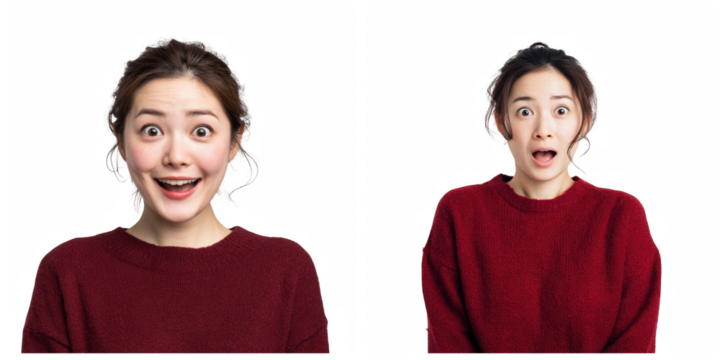Two portraits of a woman with surprised expressions wearing a maroon colored sweater