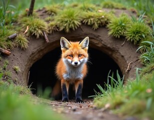 Curious red fox kit sits at den entrance in Alaska. Young vulpine, with characteristic orange fur, black markings, poses by burrow. Wild animal baby hunter, young predator in natural forest habitat.