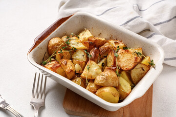 Baking dish of baked baby potatoes with thyme on white background, closeup