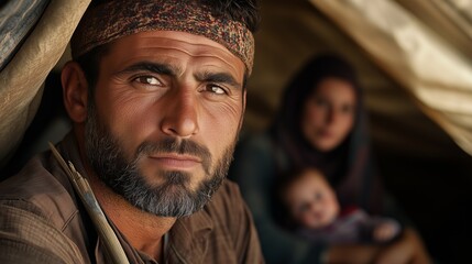 Obraz premium Portrait of a man and his family in a temporary shelter during challenging times in a remote location