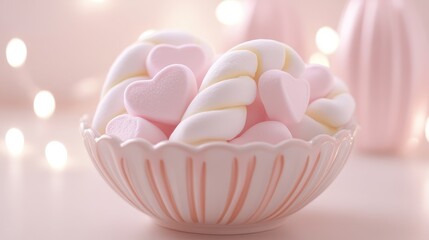 Sweet Pink Marshmallows in Decorative Bowl with Soft Lighting