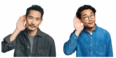 Two men cupping ears with hands on black background in listening gesture pose