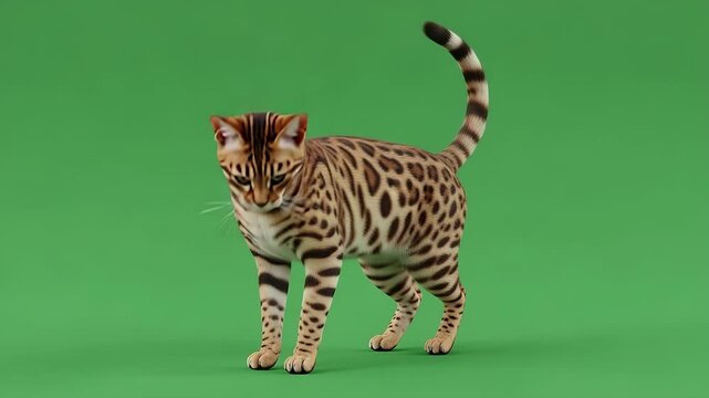 Bengal Cat Posing on Green: A stunning Bengal cat with a coat patterned like a miniature leopard stands confidently, its eyes focused. The cat poses against a vibrant green backdrop.