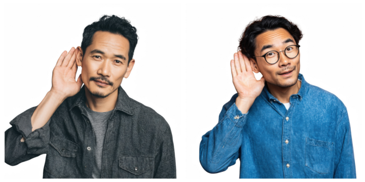 Two men cupping ears with hands on black background in listening gesture pose