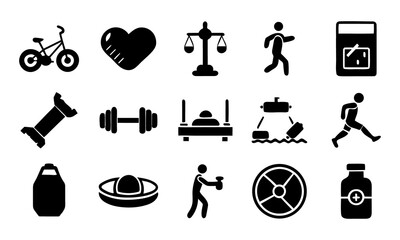 Smart Fitness and Health Icon Set,, Cardio, Dumbbells, Balance, Yoga & Supplements Vector Pack