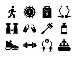 Fitness and Workout Icon Set, Dumbbells, Running, Supplements, Gym Equipment in Black Vector