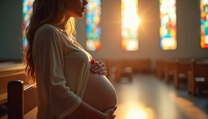 Naklejka premium Pregnant woman holds her belly in prayer inside a church. Soft light shines through stained glass windows, illuminating her peaceful, contemplative expression, highlighting motherhood and faith.