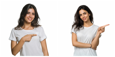 Two portraits of a woman in white t shirt pointing to the left and to the right side