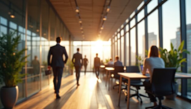 Sunlit modern office hallway with people in suits walking. Colleagues in business attire move through office space. Team members work in contemporary corporate environment, embracing success, - Powered by Adobe