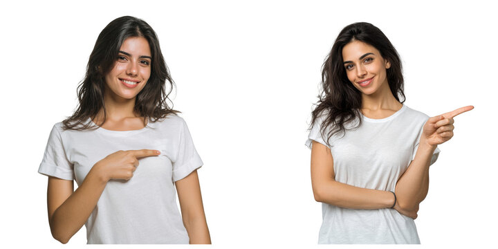Two portraits of a woman in white t shirt pointing to the left and to the right side