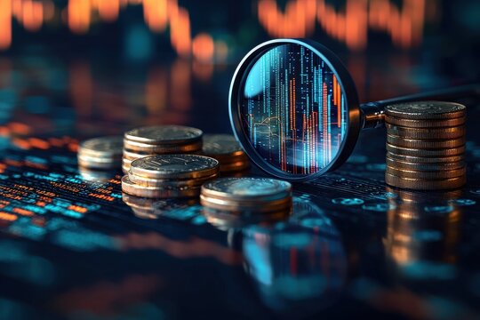 Stack of coins with magnifying glass over financial chart in dim lighting