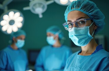 Female surgeon, medical pro, wearing scrubs, protective glasses, face mask in operating room. Team of healthcare professionals ready for surgical procedure. Focus on female doctor in sterile