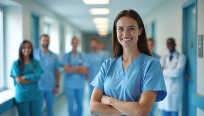 Smiling group of diverse medical professionals, doctors, nurses, in light blue scrubs, white coats, stand together in bright hospital corridor. Camaraderie, teamwork evident among happy healthcare