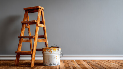 Wooden ladder and paint bucket on wooden floor against gray wall, home renovation and painting concept with warm natural light creating calm and focused atmosphere