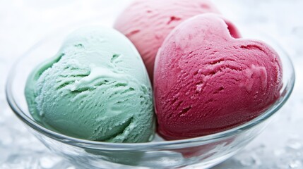 Heart-Shaped Ice Cream Scoops in a Clear Glass Bowl