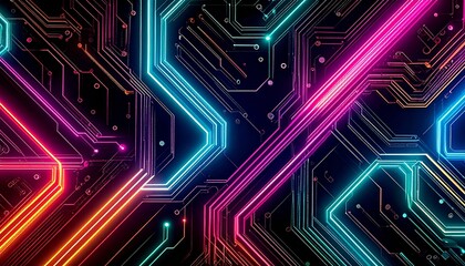Futuristic Neon Circuit Pattern Technology Background / ネオン風の回路パターン、近未来テクノロジー背景