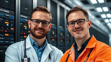 Two technicians working in a data center with server racks softly blurred behind them.