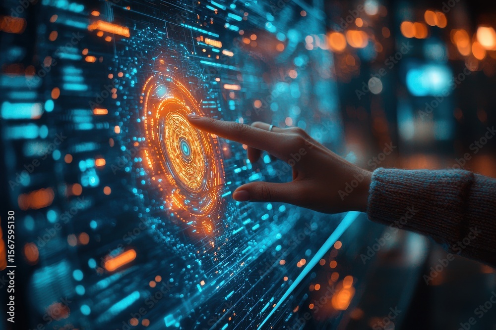 Poster hand interacting with futuristic virtual interface displaying technology concepts