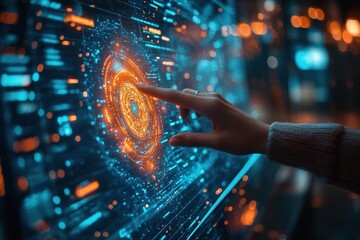 Hand interacting with futuristic virtual interface displaying technology concepts