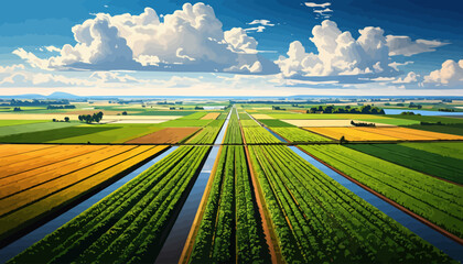 Expansive Agricultural Fields Under a Bright Blue Sky with Fluffy Clouds