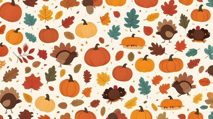 Autumn harvest pattern with pumpkins, leaves and turkeys providing a festive thanksgiving season background or seamless wrapping paper for all your fall holiday decor needs.