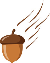 A cartoon acorn flying through the air, propelled by wind.